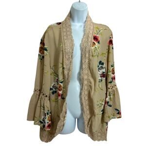 Boho Floral Open Top Size M Crochet Trim Bell Sleeves Tan Long Relaxed Fit